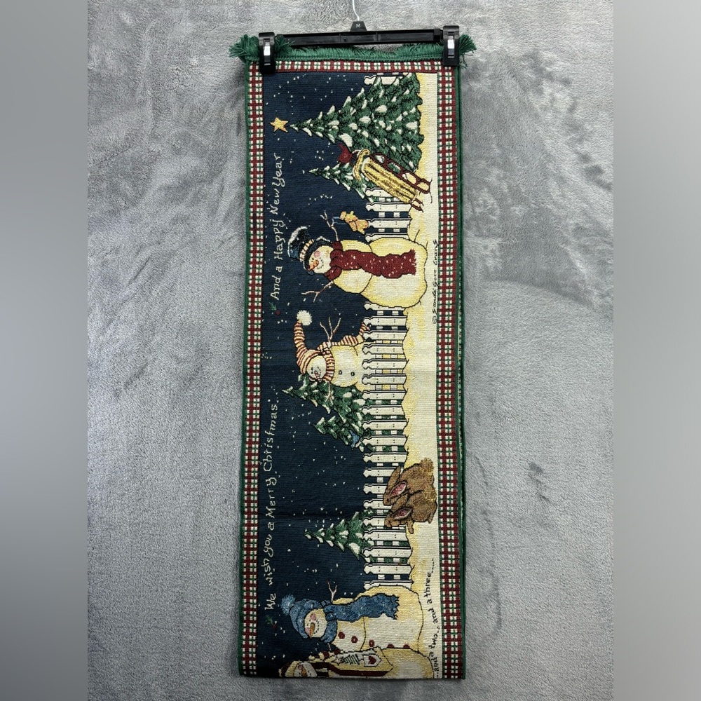 Sandi Gore Evens Tapestry Table Runner 72”x13” Snowmen Merry Christmas Rabbits